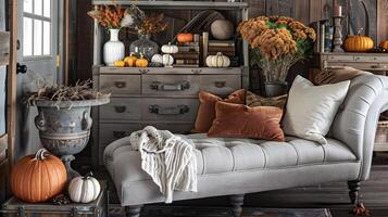 Cozy Autumn Living Room with Antique Gray Chaise Lounge and Rustic Wood Tones, Exuding Inviting Warmth and Seasonal Decor for the Falling Leaves photo