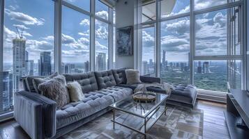 Elegant Living Room in Toronto Highrise with Stunning City View and Plush Grey Velvet Sofa photo