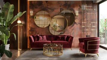 Elegant Living Room with Bold Burgundy Velvet Sofa and Copper Wall Mirrors in Modern Interior Design photo