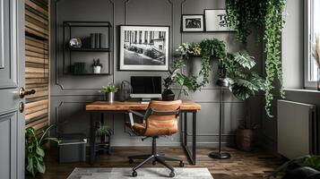 Cool Gray Modern Home Office with Industrial Decor and Ivy Plants adorning Monochromatic Art photo