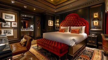 elegante lujo parisino hotel habitación con opulento rojo terciopelo cama y florido oro podar foto