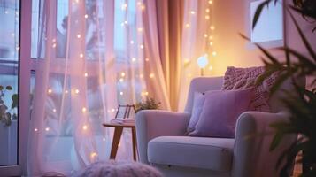 acogedor vivo habitación con pastel decoración y calentar hada luces creando un atractivo atmósfera foto