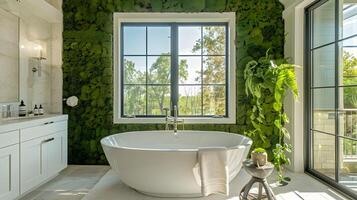 Elegant Bathroom Design with Verdant Moss Wall and Freestanding Tub Capturing Soft Daylight photo