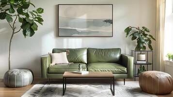 Elegant Green Leather Sofa in Minimalist Living Room Exuding Modern Sophistication photo