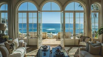 Elegant Living Room with Arched Windows Overlooking the Ocean in a Luxurious Malibu Mansion photo