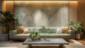 Elegant Living Room Gathering Soft Green Sofa, Concrete Table, Warm Lighting, and Botanicals Adorning a Minimalist Marble Wall photo