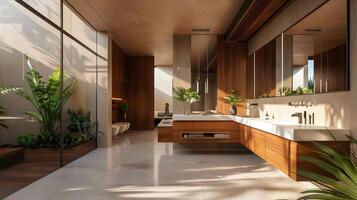 Elegant Bathroom with Wood Accents and Natural Light, Showcasing Serene Greenery and Intricate Details photo