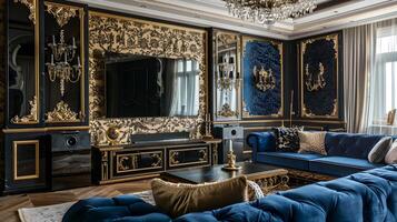 Elegant Living Room with Opulent Blue Velvet Sofa and Ornate Marble-Inlaid TV Wall in Luxurious Black and Blue Space photo