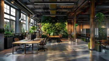 Contemporary Open-Plan Office Harmonizing Industrial Atmosphere with Nature and Technology photo