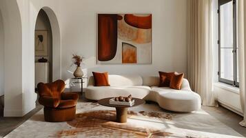 Curved Sofa in Neutral-Toned Living Room with Abstract Art and Soft Terracotta Pillows photo