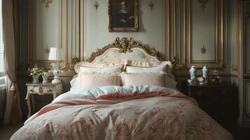 Elegant French Bedroom Luxurious Space with Ornate Headboard and Pink Linens photo