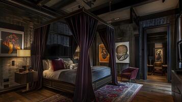 Elegant Hotel Room with Canopy Bed in a Modern Gothic Style Featuring Velvet Curtains, Contemporary Art, and Warm Lighting photo