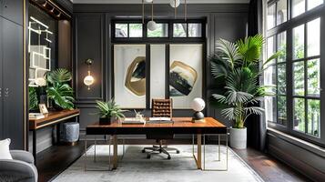 Dark Gray Home Office Harmonizing Modern Glamour and Industrial Rawness with Greenery and Luxurious Wooden Desk photo