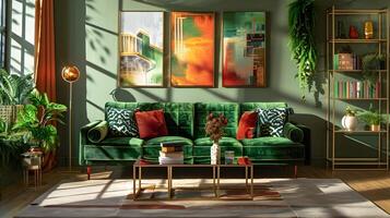 decadente verde terciopelo sofá adorna un moderno vivo habitación con Arte deco influencia foto