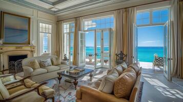 Elegant Living Room in Coastal Mansion Offering Panoramic Ocean Views and French Provincial Decor photo