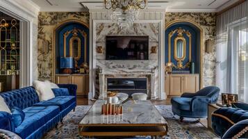 elegante mansión vivo habitación con azul terciopelo sofás y mármol acentos foto