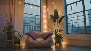 Cozy Bean Bag Chair Basks in Soft Evening Light of an Urban Loft with Greenery photo