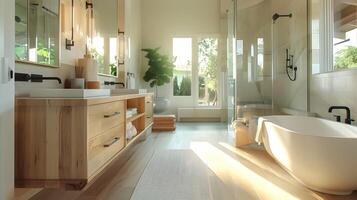 Elegant Bathroom Basks in Sunlight with Minimalist Design and Natural Wood Elements photo