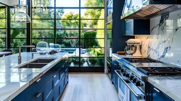 elegante los angeles hogar cocina con oscuro azul armarios y mármol encimeras con vista a un hermosa patio interior foto