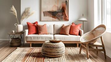 Earthy Boho Living Room with Rustic Wooden Sofa and Rattan Armchair in Warm Hues and Abstract Wall Art photo