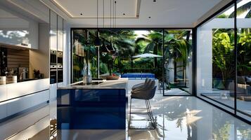 Cutting-Edge White Kitchen with Cobalt Island and Lush Tropical View photo