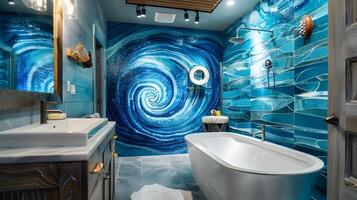 Effervescent Bathroom Swirling Blue Tile Mural in a Modern Ultra 3D Design photo
