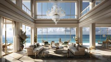 Elegant Luxury Living Room Unveils Stunning Ocean Panoramas and Coastal Scenery photo