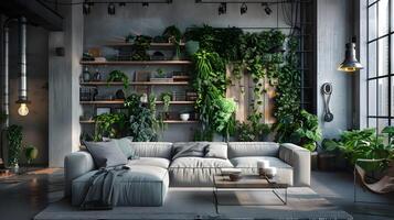 Industrial Living Room Incorporates Lush Green Urban Jungle Theme in Scandinavian Design photo