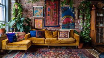 ecléctico boho vivo habitación con Clásico terciopelo sofá y intrincado pared tapices foto