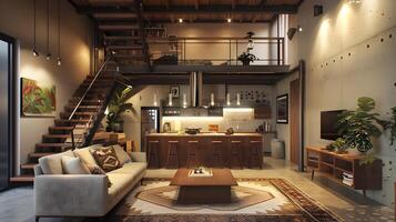 Industrial Loft Living Room with Open Kitchen and Handcrafted Staircase Enchanting Space with Modern Rustic Charm photo