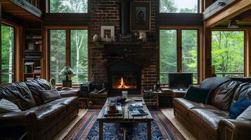 Cozy Living Room with Leather Sofas Overlooking Forest in Warm Light photo