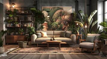 Industrial Living Room with Vintage Jungle Foliage Painting A Serene Fusion of Urban Greenery and Cozy Ambiance photo