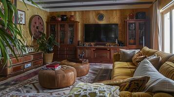 Eclectic Living Room with Textured Moroccan-style Wallpaper and Plush Mustard Yellow Corduroy Sofa photo