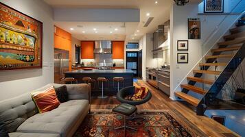 Industrial Chic Open Concept Living Room and Kitchen with Vibrant Art in a Modern Small Townhouse photo