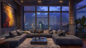 Industrial-Style Apartment Living Room with City Skyline View and Cozy Atmosphere at Night photo