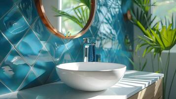 Geometric Blue Tile Accent Wall in Bright, Sustainable Bathroom Oasis photo