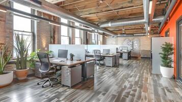 Industrial Chic Open Office Space in Chicago Featuring Minimalistic Workstations and Vibrant Orange Accents photo