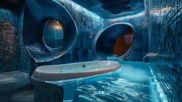 Futuristic Blue-themed Spa Swirling Ceramic Tile Wall Design and Contemporary Fixtures photo