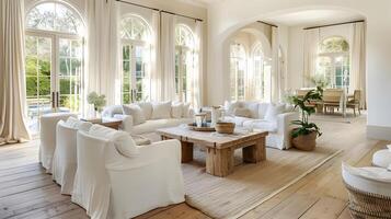 Ethereal Living Room with Large Windows and Rustic Wood Flooring photo