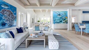 Coastal Living Room Adorned with Vibrant Marine Life Scene and Pristine White Oak Floors photo