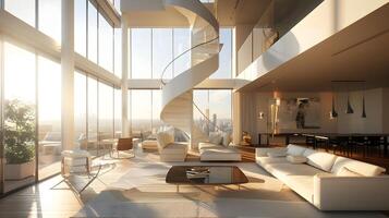 Highrise Penthouse Living Room with Spiral Staircase and Panoramic View of Sunlit New York City photo