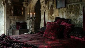 gótico esplendor un medieval castillo dormitorio con terciopelo almohadas y florido candelabro foto