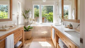 Bright Modern Farmhouse Bathroom with Redwood Forest View and Elegant Marble Touches photo