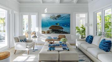 Coastal Living Room with Vibrant Marine Life Canvas and Blue Accents photo