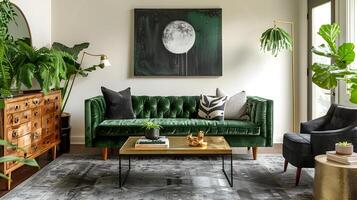 Green Velvet Sofa in Modern Eclectic Living Room with Moon Painting and Potted Plants photo