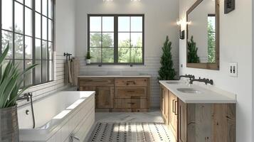 Farmhouse Bathroom A Modern Haven of Reclaimed Wood and Crisp White Tiles Basking in Natural Light photo