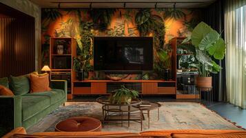 Jungle-Inspired Living Room with Green Velvet Sofa and Botanical Wallpaper photo