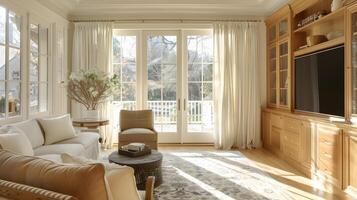 hecho a mano arce gabinetes y besado por el Sol cordón cortinas - acogedor familia habitación con elegante vivo espacio foto