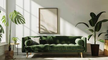 Green Velvet Sofa Basks in Living Room's Warm Sunlight and Scandinavian Design photo