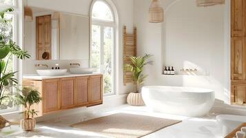 Bright and Spacious Bathroom with Scandinavian Style and Rattan Accents photo